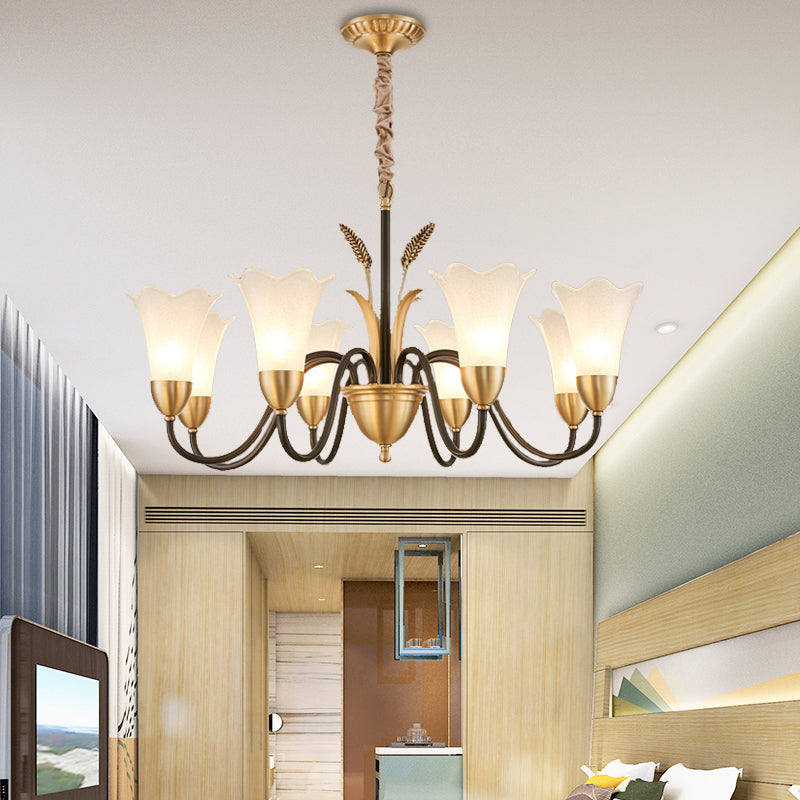 Country Style Mini Flower Pendulum Light 6/8 Bulbs Frosted Glass Hanging Chandelier with Scroll Arm in Black and Gold Clearhalo 'Ceiling Lights' 'Chandeliers' 'Glass shade' 'Glass' Lighting' 1450872