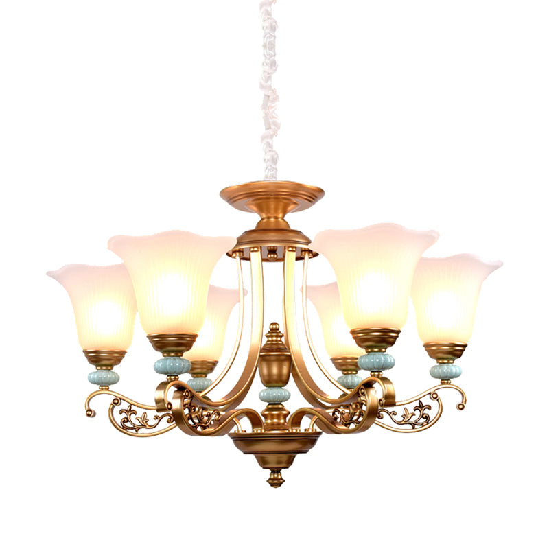 3/6/8-Head Bloom Ceiling Chandelier Rustic Style Gold Milky Glass Suspended Lighting Pendant with Curvy Arm Clearhalo 'Ceiling Lights' 'Chandeliers' 'Close To Ceiling Lights' 'Glass shade' 'Glass' Lighting' 1450887