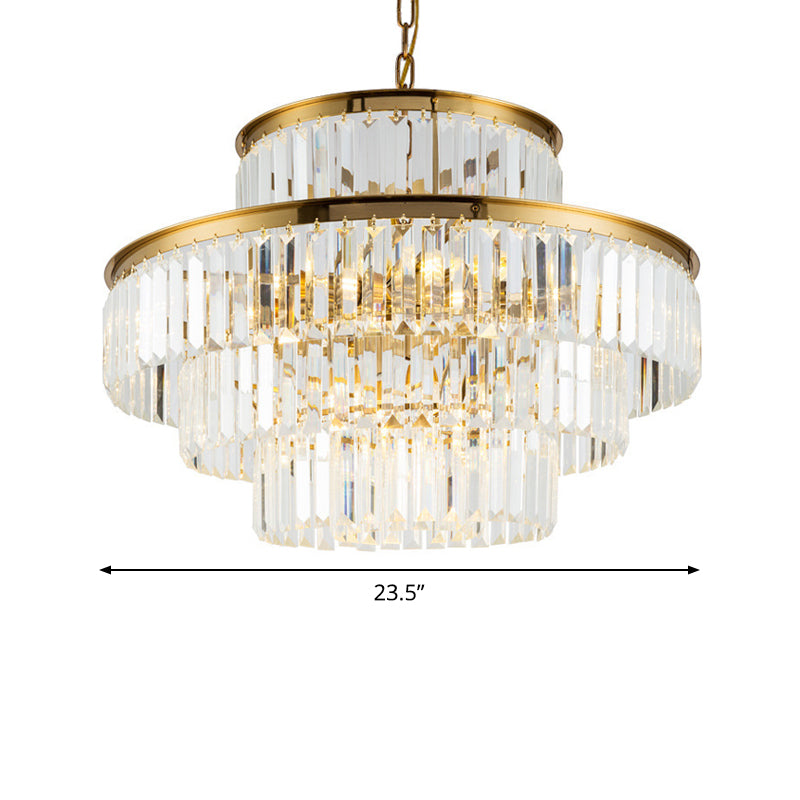 3 Layers Clear Crystal Rod Chandelier Postmodern 23.5"/31.5" Wide 9-Light Dining Room Hanging Pendant Light Clearhalo 'Ceiling Lights' 'Chandeliers' 'Clear' 'Industrial' 'Modern Chandeliers' 'Modern' 'Tiffany' 'Traditional Chandeliers' Lighting' 1450914