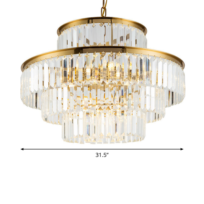 3 Layers Clear Crystal Rod Chandelier Postmodern 23.5"/31.5" Wide 9-Light Dining Room Hanging Pendant Light Clearhalo 'Ceiling Lights' 'Chandeliers' 'Clear' 'Industrial' 'Modern Chandeliers' 'Modern' 'Tiffany' 'Traditional Chandeliers' Lighting' 1450915