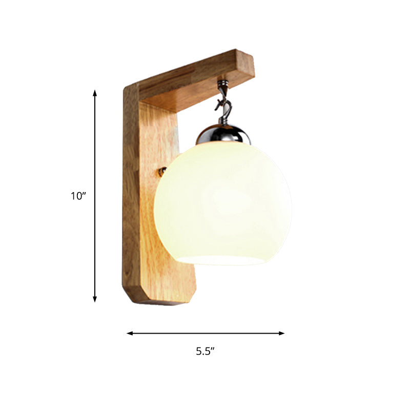 Modern Globe Hanging Wall Light Opal Glass 1 Bulb White Sconce Light with Wood Base for Bedroom Clearhalo 'Modern wall lights' 'Modern' 'Wall Lamps & Sconces' 'Wall Lights' Lighting' 145097