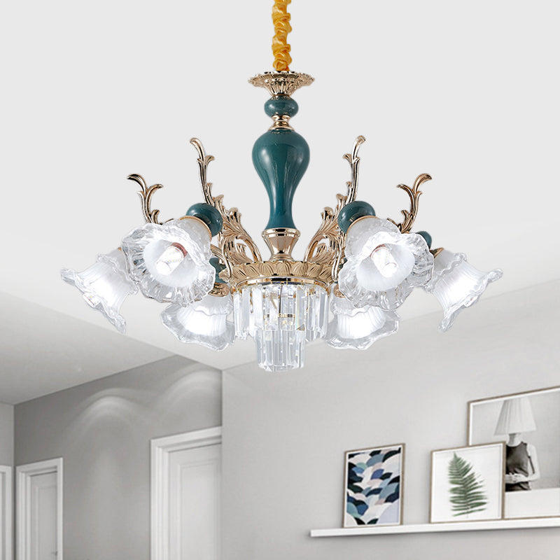 6/8 Heads Chandelier Lighting Traditional Floral Clear Crystal Ceiling Suspension Lamp in Blue 6 Blue Clearhalo 'Ceiling Lights' 'Chandeliers' 'Modern Chandeliers' 'Modern' Lighting' 1451002