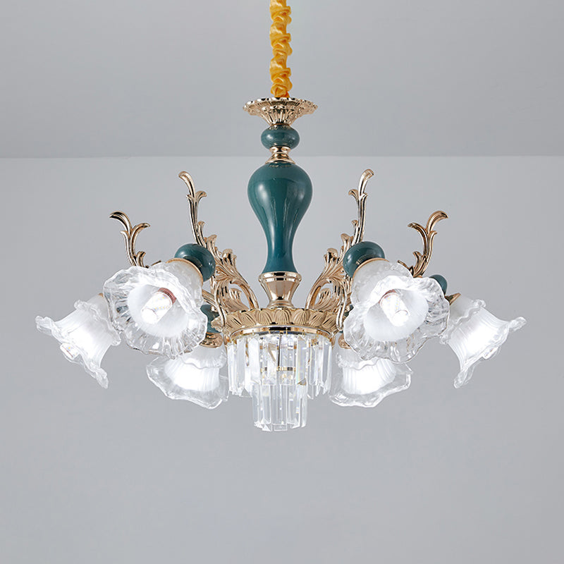 6/8 Heads Chandelier Lighting Traditional Floral Clear Crystal Ceiling Suspension Lamp in Blue Clearhalo 'Ceiling Lights' 'Chandeliers' 'Modern Chandeliers' 'Modern' Lighting' 1451003