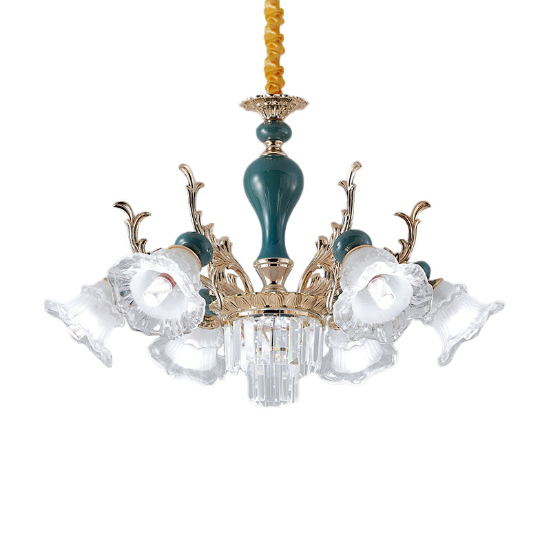 6/8 Heads Chandelier Lighting Traditional Floral Clear Crystal Ceiling Suspension Lamp in Blue Clearhalo 'Ceiling Lights' 'Chandeliers' 'Modern Chandeliers' 'Modern' Lighting' 1451004