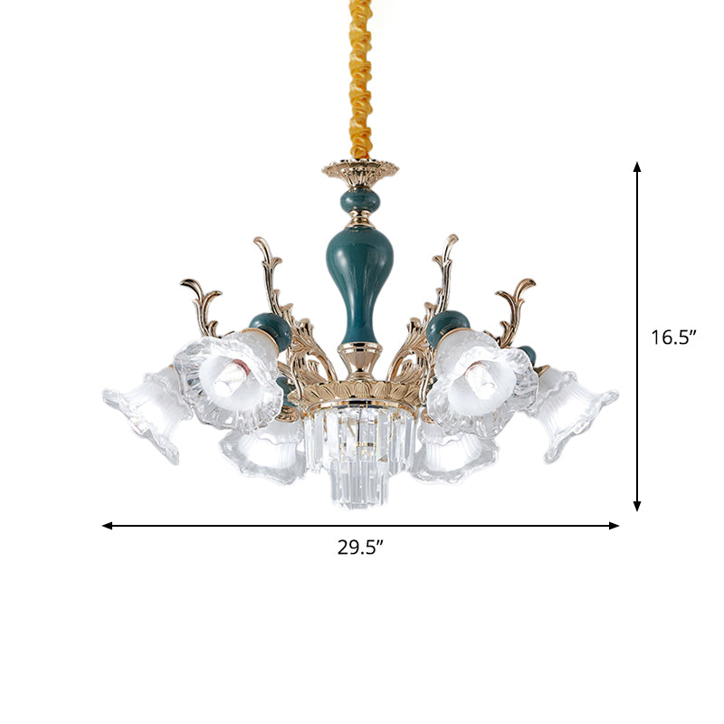 6/8 Heads Chandelier Lighting Traditional Floral Clear Crystal Ceiling Suspension Lamp in Blue Clearhalo 'Ceiling Lights' 'Chandeliers' 'Modern Chandeliers' 'Modern' Lighting' 1451005