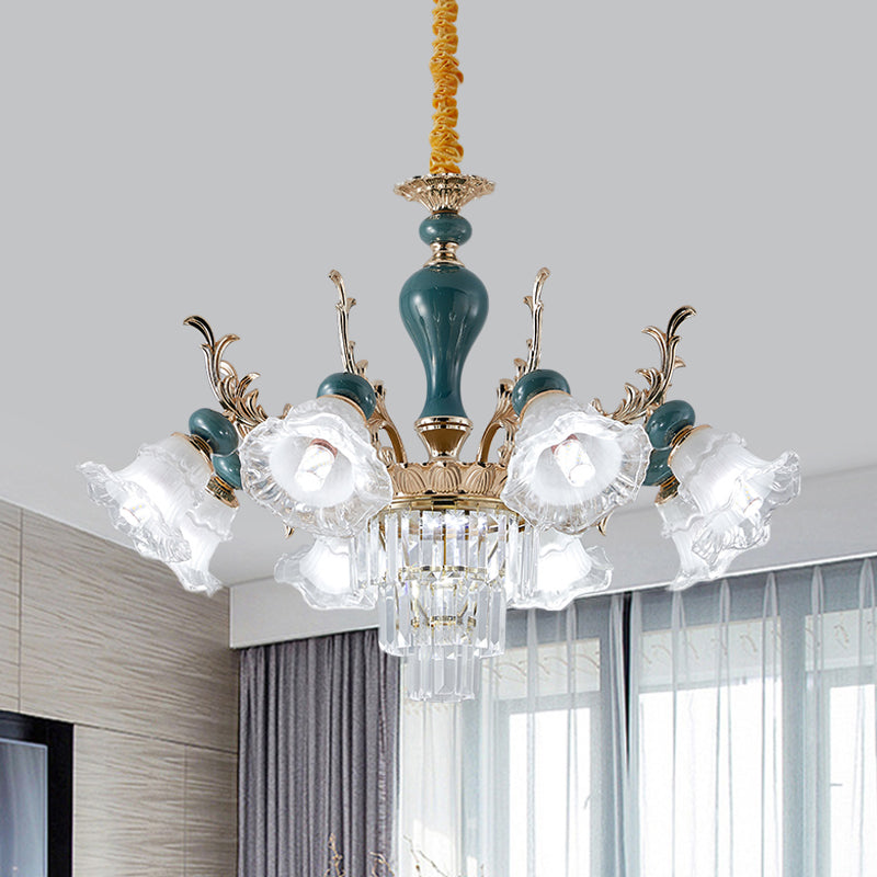 6/8 Heads Chandelier Lighting Traditional Floral Clear Crystal Ceiling Suspension Lamp in Blue 8 Blue Clearhalo 'Ceiling Lights' 'Chandeliers' 'Modern Chandeliers' 'Modern' Lighting' 1451006