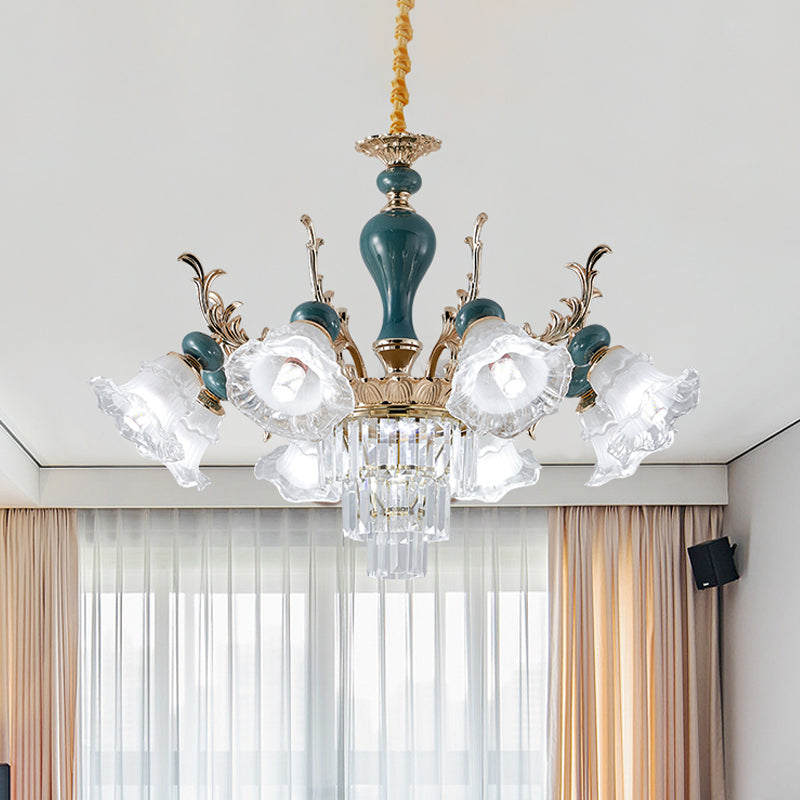 6/8 Heads Chandelier Lighting Traditional Floral Clear Crystal Ceiling Suspension Lamp in Blue Clearhalo 'Ceiling Lights' 'Chandeliers' 'Modern Chandeliers' 'Modern' Lighting' 1451007