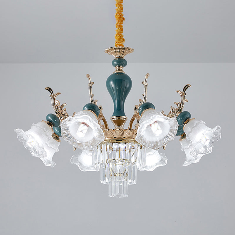 6/8 Heads Chandelier Lighting Traditional Floral Clear Crystal Ceiling Suspension Lamp in Blue Clearhalo 'Ceiling Lights' 'Chandeliers' 'Modern Chandeliers' 'Modern' Lighting' 1451008