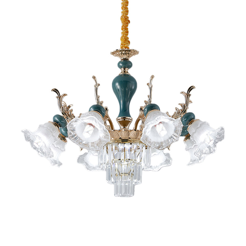 6/8 Heads Chandelier Lighting Traditional Floral Clear Crystal Ceiling Suspension Lamp in Blue Clearhalo 'Ceiling Lights' 'Chandeliers' 'Modern Chandeliers' 'Modern' Lighting' 1451009
