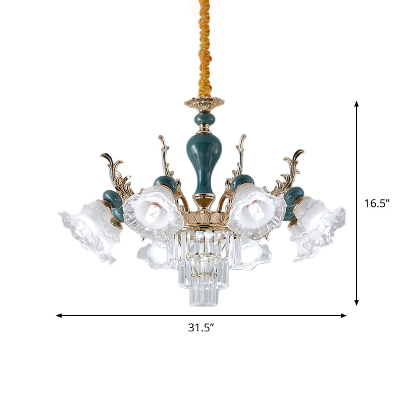 6/8 Heads Chandelier Lighting Traditional Floral Clear Crystal Ceiling Suspension Lamp in Blue Clearhalo 'Ceiling Lights' 'Chandeliers' 'Modern Chandeliers' 'Modern' Lighting' 1451010