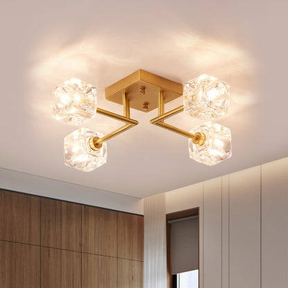 4/6-Head Cubic Crystal Ceiling Light Postmodern Gold Branching Bedroom Semi Mount Lighting 4 Gold Clearhalo 'Ceiling Lights' 'Close To Ceiling Lights' 'Close to ceiling' 'Semi-flushmount' Lighting' 1451037