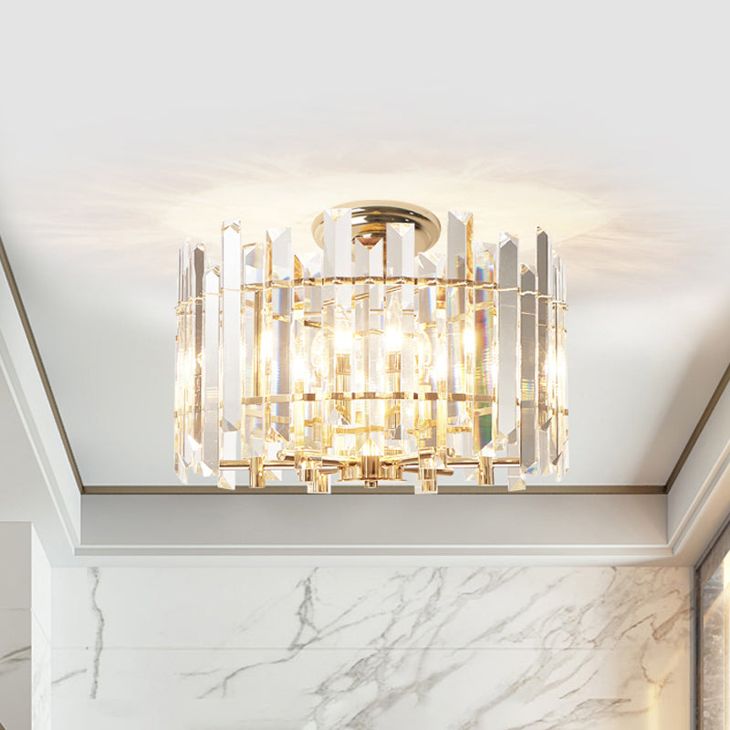 6 Lights Prismatic Crystal Semi Flush Mount Modern Gold Drum Shaped Foyer Close to Ceiling Lamp Clear Clearhalo 'Ceiling Lights' 'Close To Ceiling Lights' 'Close to ceiling' 'Semi-flushmount' Lighting' 1451046