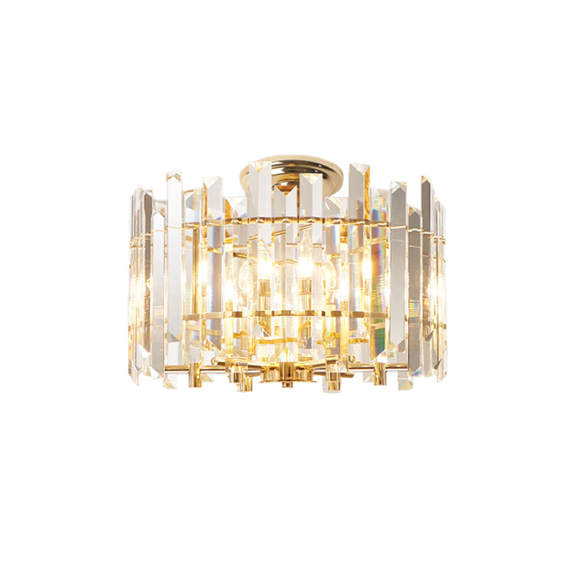 6 Lights Prismatic Crystal Semi Flush Mount Modern Gold Drum Shaped Foyer Close to Ceiling Lamp Clearhalo 'Ceiling Lights' 'Close To Ceiling Lights' 'Close to ceiling' 'Semi-flushmount' Lighting' 1451047