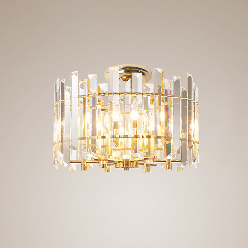 6 Lights Prismatic Crystal Semi Flush Mount Modern Gold Drum Shaped Foyer Close to Ceiling Lamp Clearhalo 'Ceiling Lights' 'Close To Ceiling Lights' 'Close to ceiling' 'Semi-flushmount' Lighting' 1451048