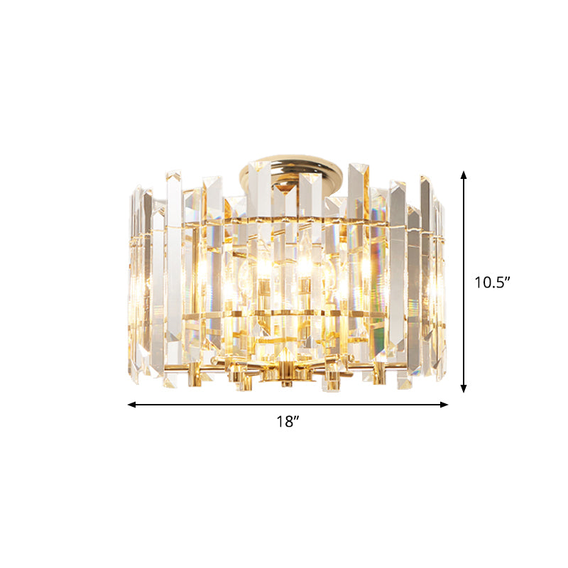 6 Lights Prismatic Crystal Semi Flush Mount Modern Gold Drum Shaped Foyer Close to Ceiling Lamp Clearhalo 'Ceiling Lights' 'Close To Ceiling Lights' 'Close to ceiling' 'Semi-flushmount' Lighting' 1451049