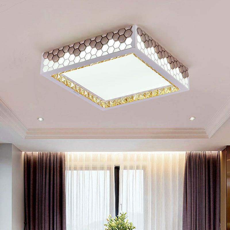 White-Gold Square Flush Light Fixture Modern Crystal Bedroom LED Ceiling Lighting with Honeycomb Design White Clearhalo 'Ceiling Lights' 'Close To Ceiling Lights' 'Close to ceiling' 'Flush mount' Lighting' 1451150