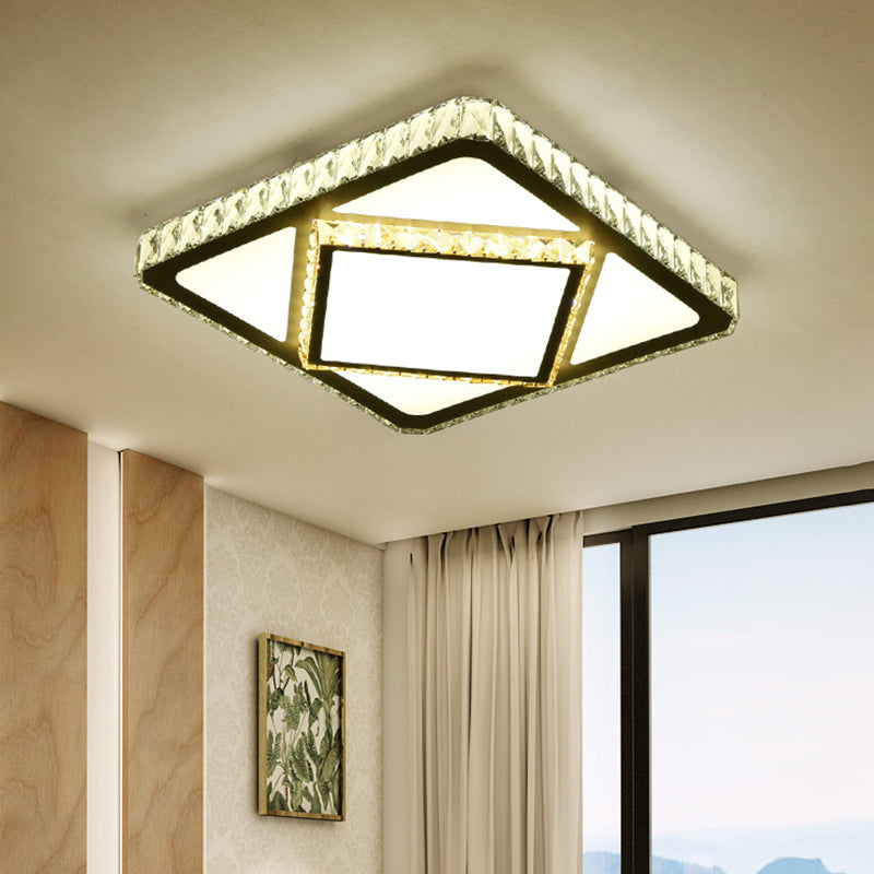 LED Flush Mount Lighting Contemporary Bedroom Ceiling Lamp with Triangle/Round/Square Crystal Shade in White White Square Plate Clearhalo 'Ceiling Lights' 'Close To Ceiling Lights' 'Close to ceiling' 'Flush mount' Lighting' 1451258