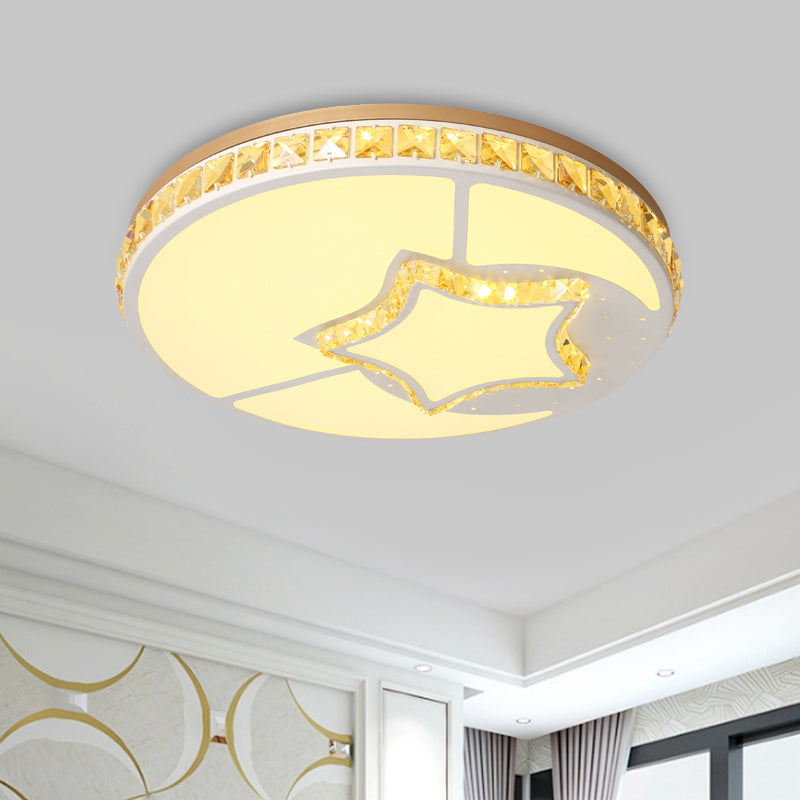 Moon Shaped Crystal Ceiling Flush Minimal Bedroom LED Flush Mount Light with Leaf/Loving Heart/Star Pattern in White White Star Clearhalo 'Ceiling Lights' 'Close To Ceiling Lights' 'Close to ceiling' 'Flush mount' Lighting' 1451352