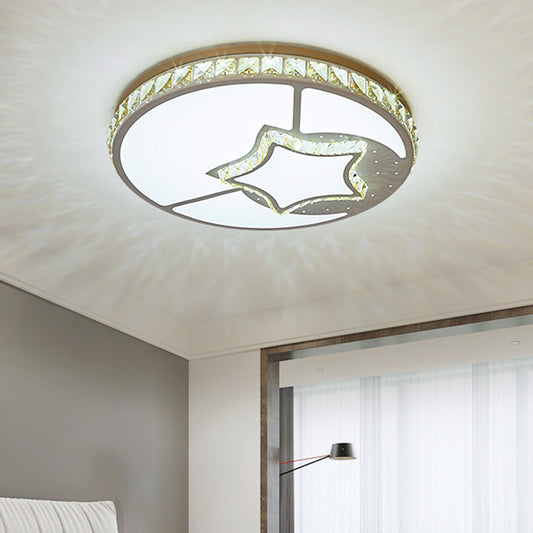 Moon Shaped Crystal Ceiling Flush Minimal Bedroom LED Flush Mount Light with Leaf/Loving Heart/Star Pattern in White Clearhalo 'Ceiling Lights' 'Close To Ceiling Lights' 'Close to ceiling' 'Flush mount' Lighting' 1451353