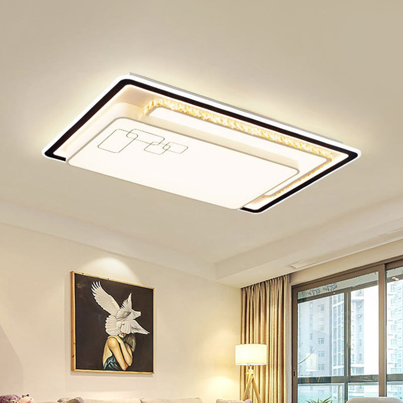 Oversized Rectangle LED Flush Mount Lamp Modern White Acrylic Ceiling Lighting with Crystal Accent, Warm/White Light Clearhalo 'Ceiling Lights' 'Close To Ceiling Lights' 'Close to ceiling' 'Flush mount' Lighting' 1451395