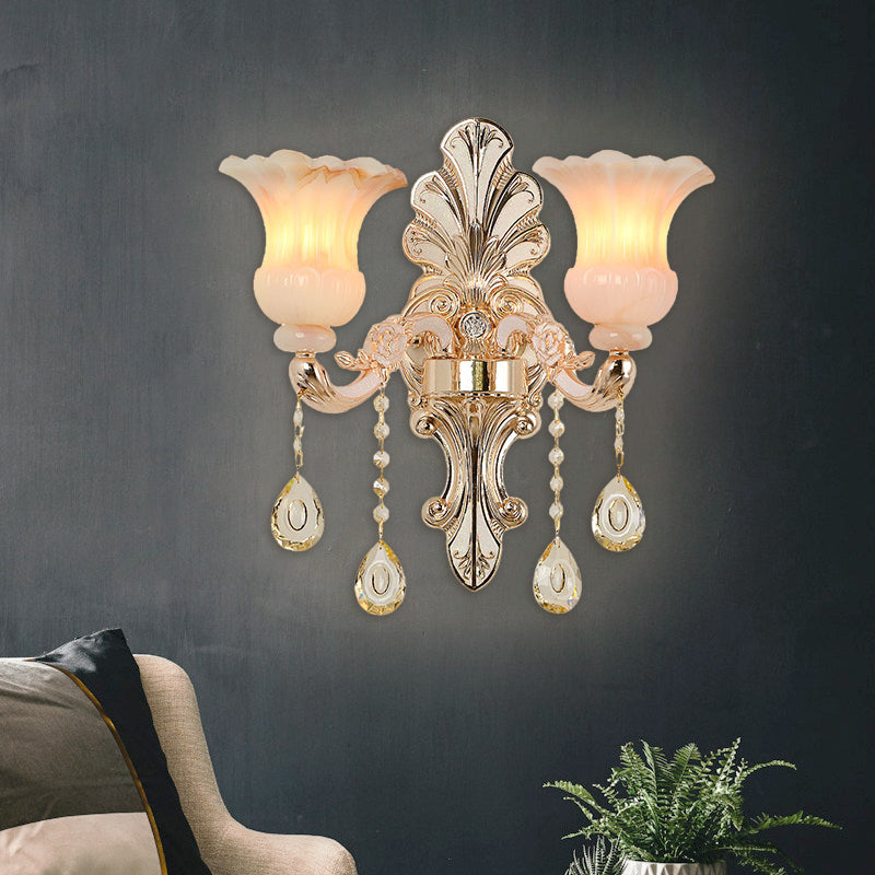 Crystal Champagne Wall Lighting Idea Flower Shade 1/2-Head Classic Wall Mounted Lamp Fixture Clearhalo 'Modern wall lights' 'Modern' 'Wall Lamps & Sconces' 'Wall Lights' Lighting' 1451424
