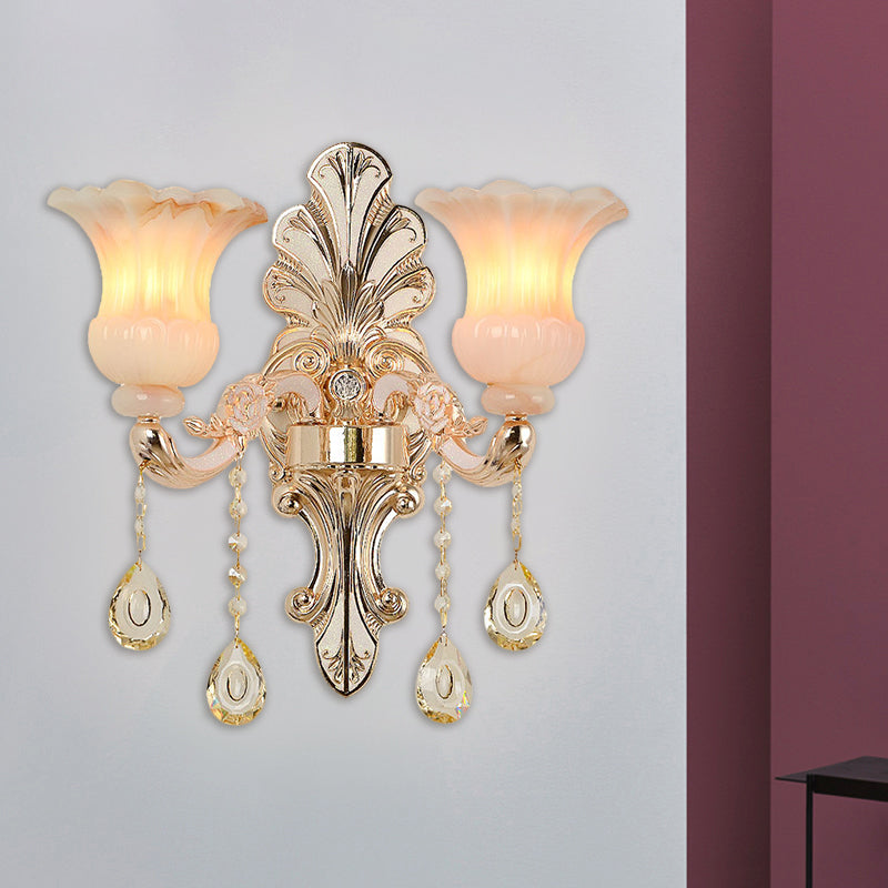 Crystal Champagne Wall Lighting Idea Flower Shade 1/2-Head Classic Wall Mounted Lamp Fixture Clearhalo 'Modern wall lights' 'Modern' 'Wall Lamps & Sconces' 'Wall Lights' Lighting' 1451425
