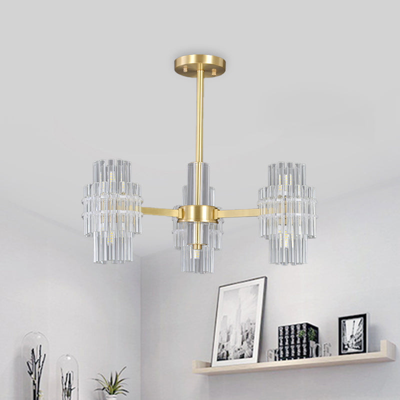 6-Light Semi Mount Lighting Postmodern Cylinder Clear Crystal Rods Close to Ceiling Light in Gold Clear Clearhalo 'Ceiling Lights' 'Close To Ceiling Lights' 'Close to ceiling' 'Semi-flushmount' Lighting' 1451482