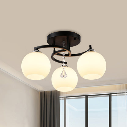 Milk Glass Ball Semi Flush Light Modern 3/7/9 Heads Living Room Ceiling Mount Chandelier in Black 3 Black Clearhalo 'Ceiling Lights' 'Close To Ceiling Lights' 'Close to ceiling' 'Semi-flushmount' Lighting' 1451486