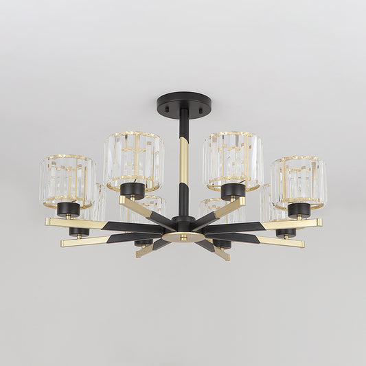 Cylindrical Crystal Semi Flush Chandelier Modern 6/8-Head Living Room Flush Ceiling Light in Black Clearhalo 'Ceiling Lights' 'Close To Ceiling Lights' 'Close to ceiling' 'Semi-flushmount' Lighting' 1451529