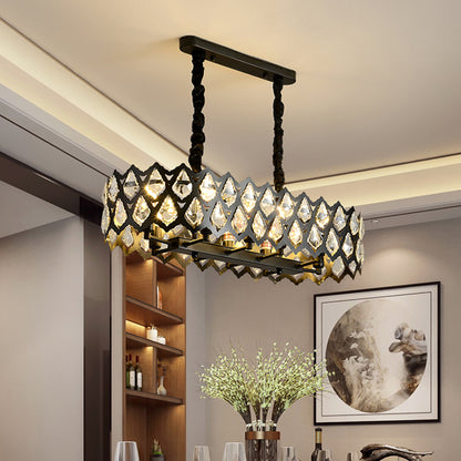 Crystal Teardrops Black Suspension Light Oval 10/14 Bulbs Contemporary Island Pendant, 29.5"/37.5" W Black Clearhalo 'Ceiling Lights' 'Island Lights' Lighting' 1451535