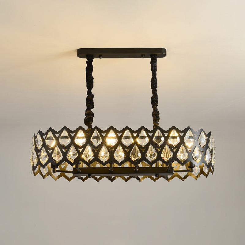 Crystal Teardrops Black Suspension Light Oval 10/14 Bulbs Contemporary Island Pendant, 29.5"/37.5" W Clearhalo 'Ceiling Lights' 'Island Lights' Lighting' 1451536