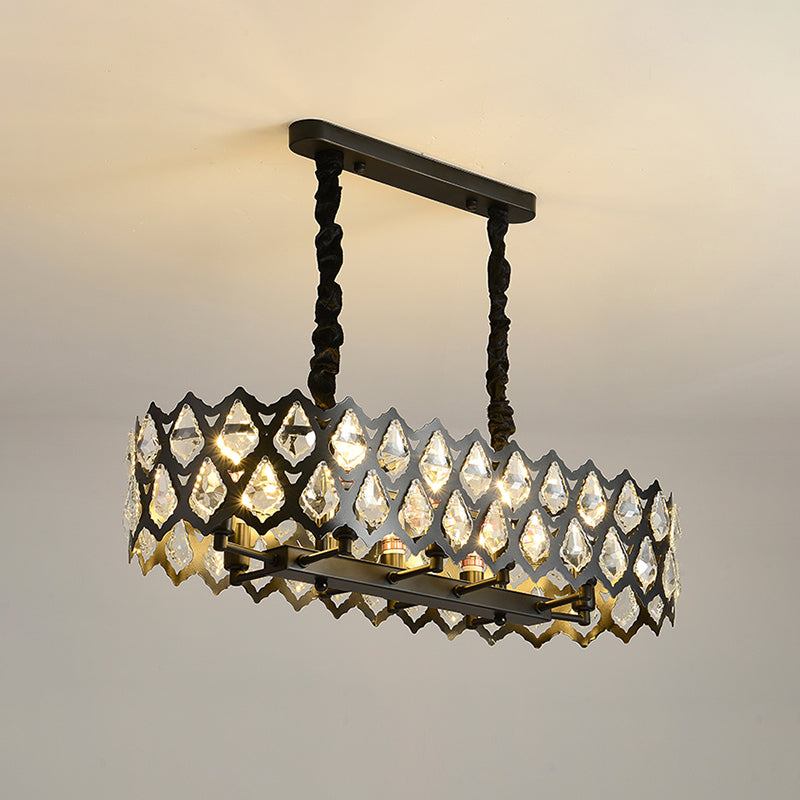 Crystal Teardrops Black Suspension Light Oval 10/14 Bulbs Contemporary Island Pendant, 29.5"/37.5" W Clearhalo 'Ceiling Lights' 'Island Lights' Lighting' 1451537