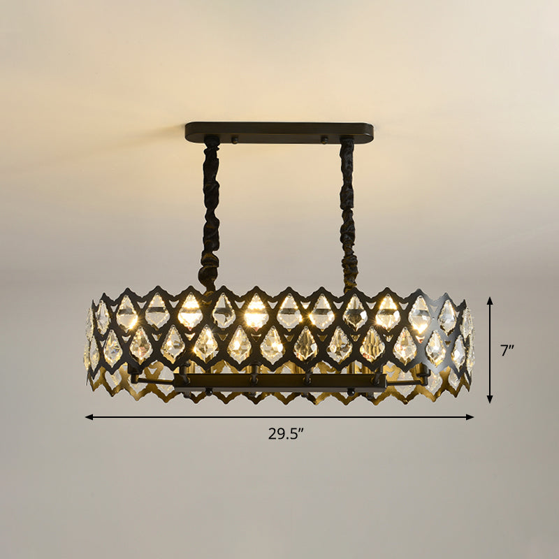 Crystal Teardrops Black Suspension Light Oval 10/14 Bulbs Contemporary Island Pendant, 29.5"/37.5" W Clearhalo 'Ceiling Lights' 'Island Lights' Lighting' 1451538