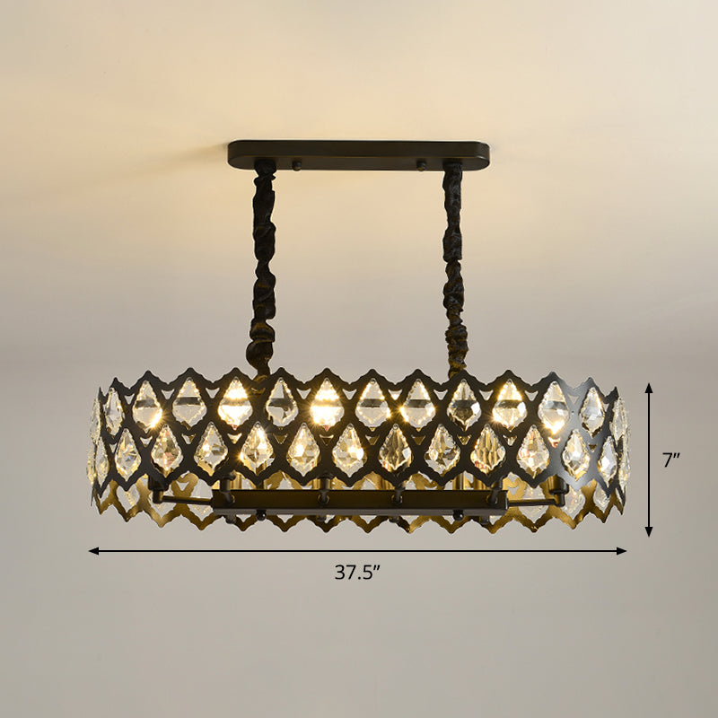 Crystal Teardrops Black Suspension Light Oval 10/14 Bulbs Contemporary Island Pendant, 29.5"/37.5" W Clearhalo 'Ceiling Lights' 'Island Lights' Lighting' 1451539