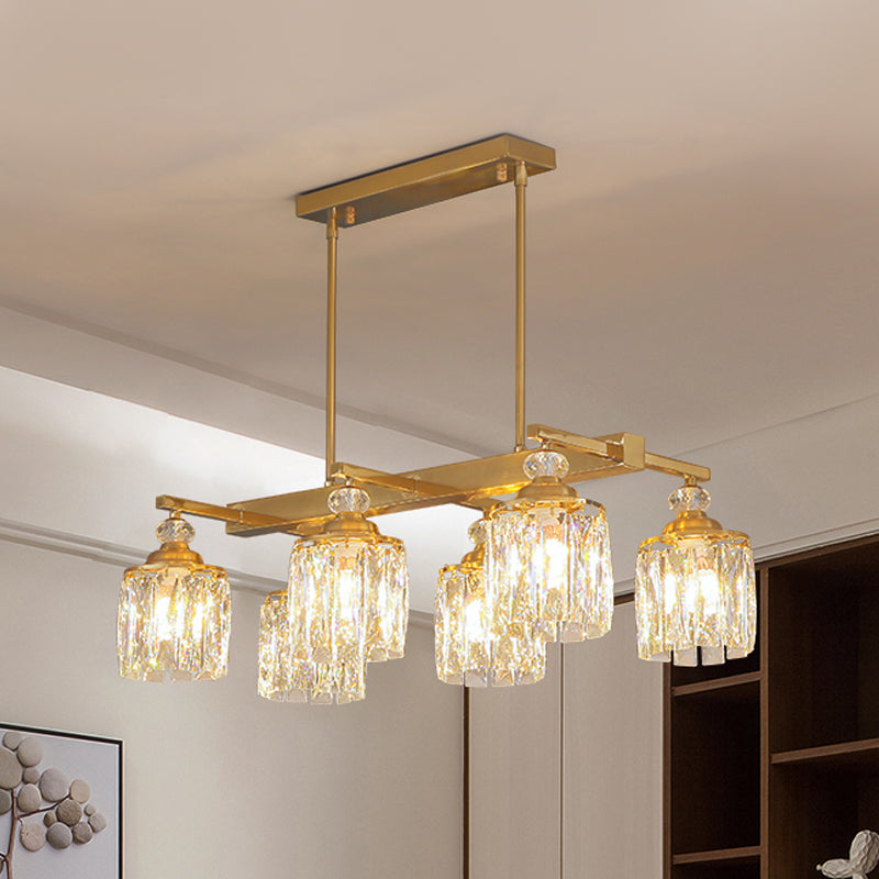 Beveled Crystal Gold Island Lamp Cylinder 6 Heads Postmodern Hanging Light Fixture Gold Clearhalo 'Ceiling Lights' 'Island Lights' Lighting' 1451558