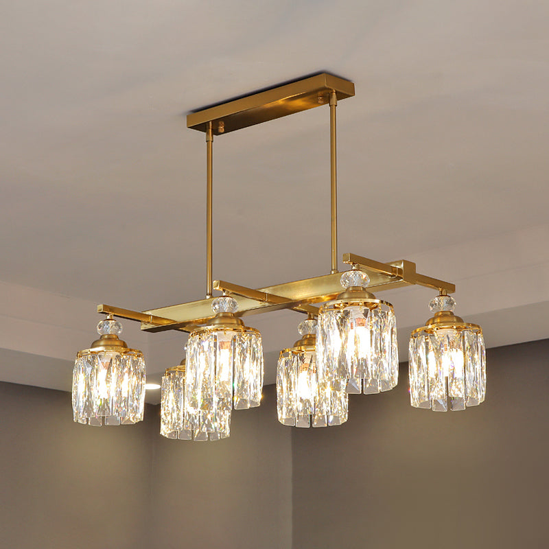 Beveled Crystal Gold Island Lamp Cylinder 6 Heads Postmodern Hanging Light Fixture Clearhalo 'Ceiling Lights' 'Island Lights' Lighting' 1451559
