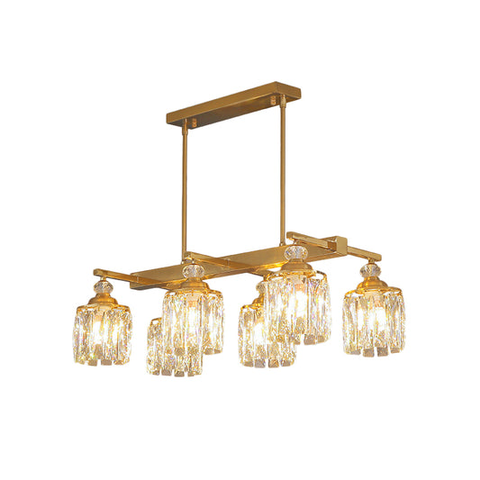 Beveled Crystal Gold Island Lamp Cylinder 6 Heads Postmodern Hanging Light Fixture Clearhalo 'Ceiling Lights' 'Island Lights' Lighting' 1451560