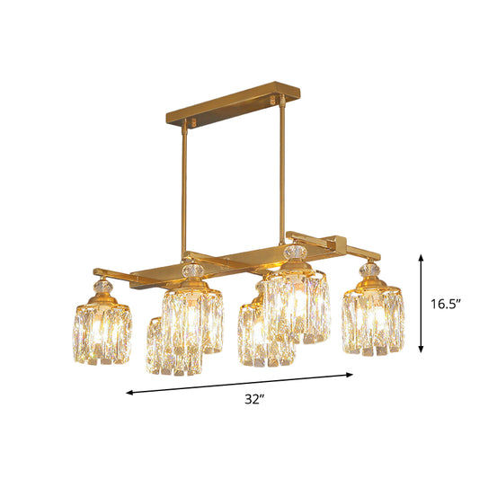 Beveled Crystal Gold Island Lamp Cylinder 6 Heads Postmodern Hanging Light Fixture Clearhalo 'Ceiling Lights' 'Island Lights' Lighting' 1451561