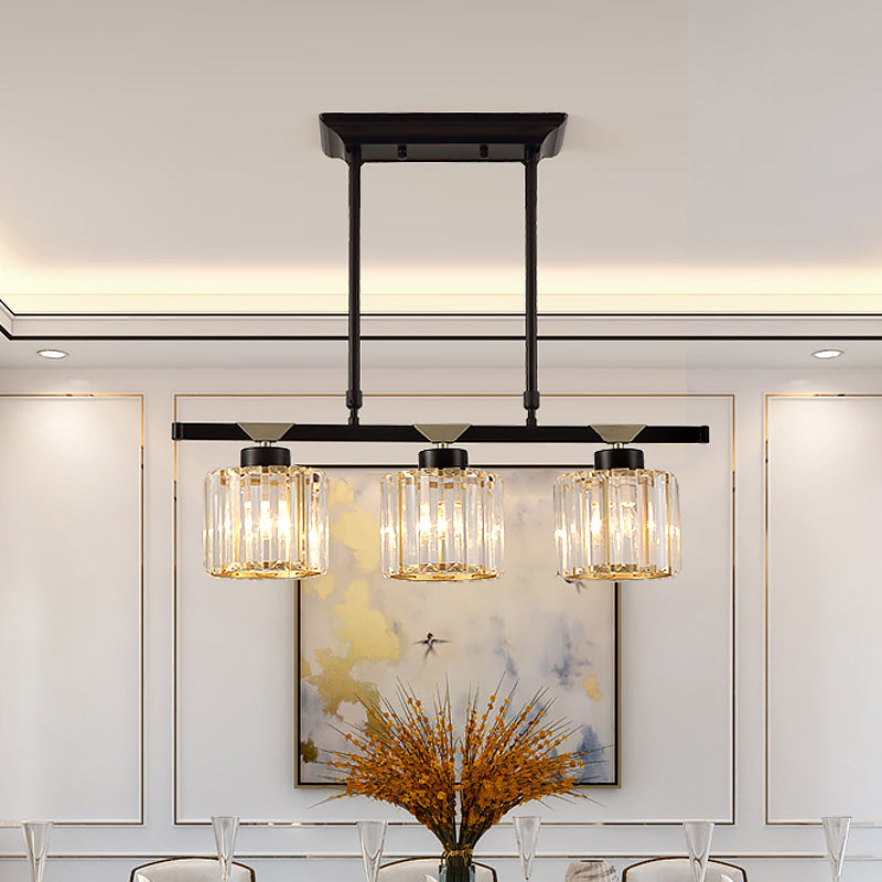 3/4 Heads Island Pendant Vintage Dining Room Hanging Light with Cylinder Crystal Shade in Black 3 Black Clearhalo 'Ceiling Lights' 'Island Lights' Lighting' 1451566