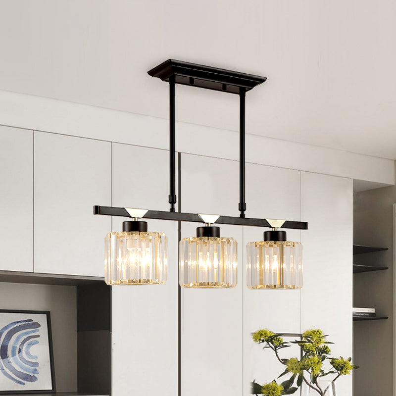 3/4 Heads Island Pendant Vintage Dining Room Hanging Light with Cylinder Crystal Shade in Black Clearhalo 'Ceiling Lights' 'Island Lights' Lighting' 1451567