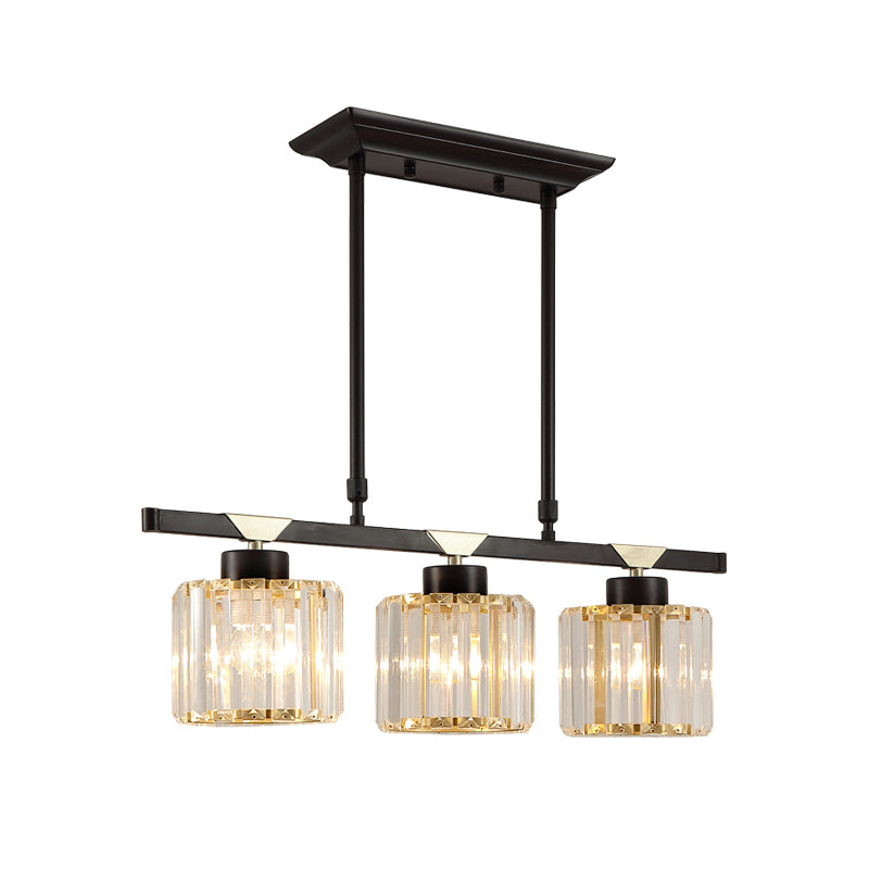 3/4 Heads Island Pendant Vintage Dining Room Hanging Light with Cylinder Crystal Shade in Black Clearhalo 'Ceiling Lights' 'Island Lights' Lighting' 1451568