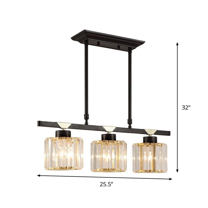 3/4 Heads Island Pendant Vintage Dining Room Hanging Light with Cylinder Crystal Shade in Black Clearhalo 'Ceiling Lights' 'Island Lights' Lighting' 1451569