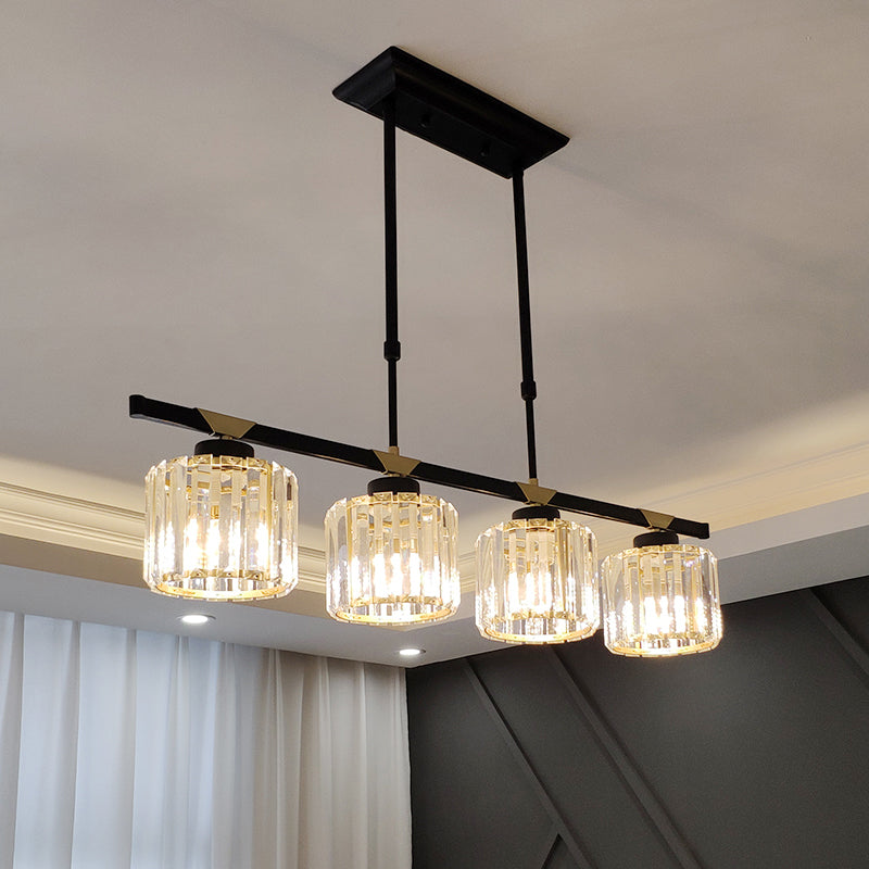 3/4 Heads Island Pendant Vintage Dining Room Hanging Light with Cylinder Crystal Shade in Black 4 Black Clearhalo 'Ceiling Lights' 'Island Lights' Lighting' 1451570