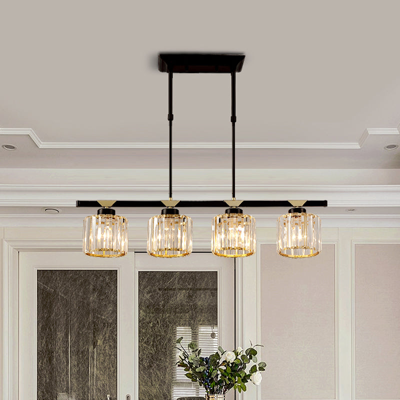 3/4 Heads Island Pendant Vintage Dining Room Hanging Light with Cylinder Crystal Shade in Black Clearhalo 'Ceiling Lights' 'Island Lights' Lighting' 1451571
