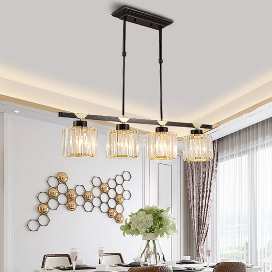 3/4 Heads Island Pendant Vintage Dining Room Hanging Light with Cylinder Crystal Shade in Black Clearhalo 'Ceiling Lights' 'Island Lights' Lighting' 1451572