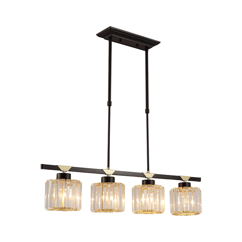 3/4 Heads Island Pendant Vintage Dining Room Hanging Light with Cylinder Crystal Shade in Black Clearhalo 'Ceiling Lights' 'Island Lights' Lighting' 1451573
