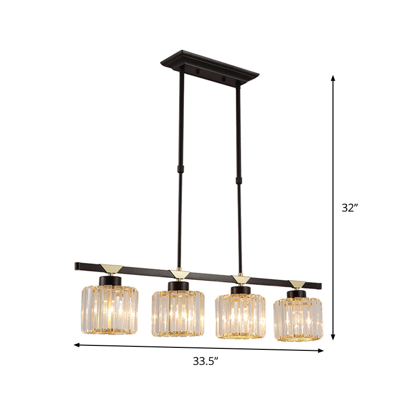 3/4 Heads Island Pendant Vintage Dining Room Hanging Light with Cylinder Crystal Shade in Black Clearhalo 'Ceiling Lights' 'Island Lights' Lighting' 1451574
