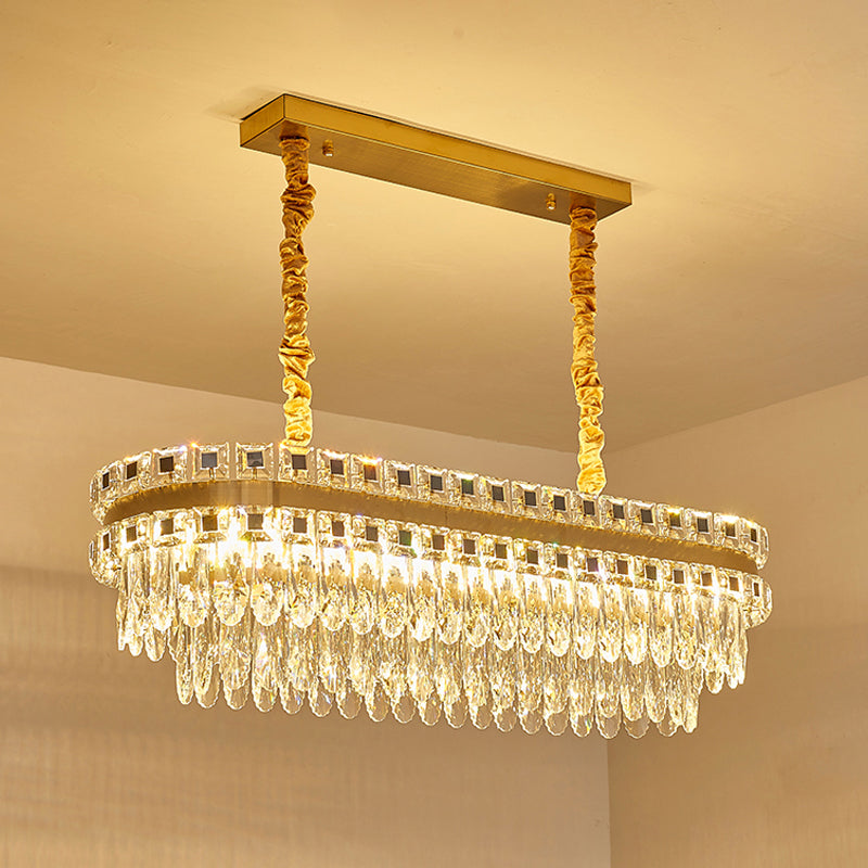 Gold LED Island Light Fixture Modern Cut Crystal Tiered Oblong Hanging Lamp over Table Gold Clearhalo 'Ceiling Lights' 'Island Lights' Lighting' 1451575