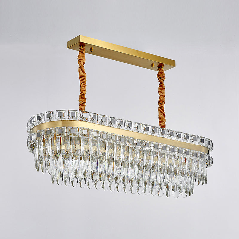 Gold LED Island Light Fixture Modern Cut Crystal Tiered Oblong Hanging Lamp over Table Clearhalo 'Ceiling Lights' 'Island Lights' Lighting' 1451577