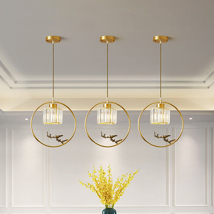 1-Light Crystal Cylinder Down Lighting Modern Gold Circle Dining Room Suspension Pendant with Decorative Bird/Dragonfly Gold Bird Clearhalo 'Ceiling Lights' 'Modern Pendants' 'Modern' 'Pendant Lights' 'Pendants' Lighting' 1451621